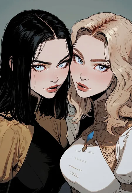 two girls with contrasting images. One has blonde hair with straight short fringes, the other has black hair and the same fringes. Both are looking towards the viewer, their faces touching each other, one face slightly lower than the other, creating an effect of tenderness and closeness. The girls have expressive blue eyes, long black lashes and glossy lips. Their dark-coloured clothes emphasise the minimalism and elegance of their style.