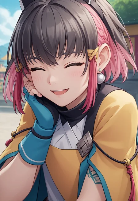 score_4,score_5,score_6,score_7_up,score_8_up,score_9
((masterpiece,best quality,ultra detailed,highres,HD,4k:1.2)),
1 cute girl,girl forcus,solo girl,
Kirin,multicolored hair,short hair,black hair,pink hair,blue eyes,tattoo,sidelocks,black head gear,black head ornaments,
yellow cape,yellow top,white shirt,fingerless gloves,shorts,black shorts,jewelry,earrings,
((closed eyes,Close your eyes)).Put your hand on your chin,happy,smile,open smile,