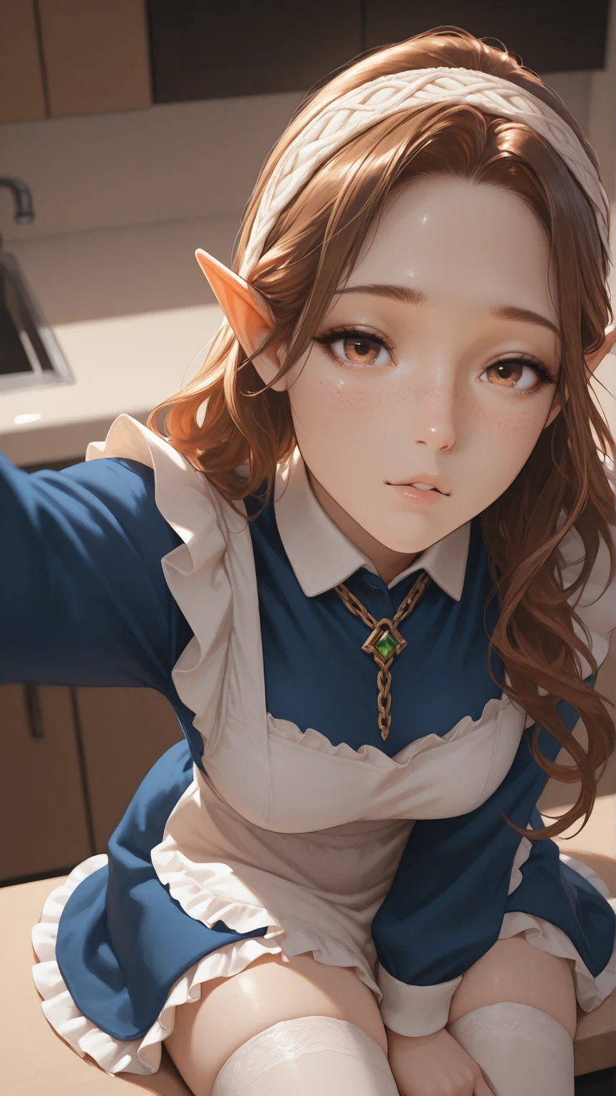 1girl,solo, masterpiece,best quality,amazing quality,very aesthetic,absurdres,newest,detailed eyes,
A professional,high-quality, portrait of a woman,
Elyrija, female elf woman, brown eyes, brown hair, long wavy hair, nude, golden chains, freckles, <lora:Elyrija:0.9>, blush,
available light,golden hour glow,subtle shadows,diagonal shadows,
ruffled maid dress, blue dress, long sleeves, ruffled skirt, white apron, leaning forward, (sitting on a kitchen counter), white stockings, emotional, curious, selfie, eye view, maid ruffled hair band, head curiously tilted towards the viewer