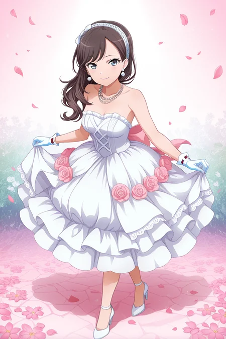 masterpiece, best quality, amazing quality,
<lora:Koharu_IL:1> koharu, 1girl, solo, dress, long hair, jewelry, gloves, smile, high heels, earrings, looking at viewer, necklace, petals, blue eyes, strapless, white gloves, strapless dress, white footwear, flower, brown hair, breasts, frills, hairband, frilled dress, bangs, black hair
