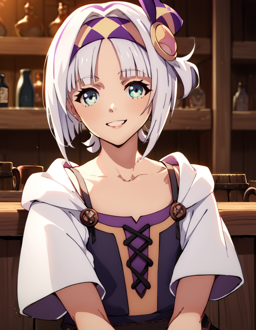 score_9, score_8_up, score_7_up, score_6_up, score_5_up, score_4_up, source_anime,  Syne, white hair, short hair, hairband,  portrait, sitting, tavern, smile