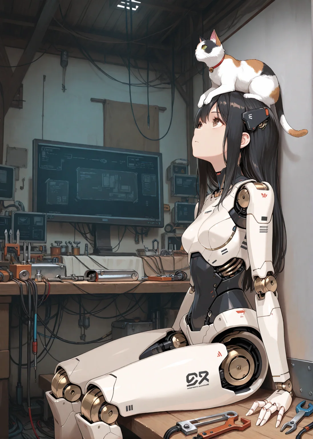 1girl, black hair, cat on head, masterpiece, indoors, brown eyes, long hair, robot joints, android, looking up, room, sitting, workshop, cable, monitor, tools, sitting, against wall,