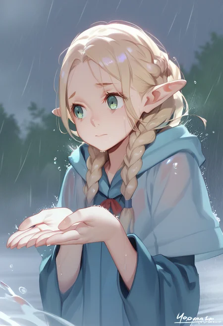 score_9, score_8_up, score_7_up, a girl drinking water from her hands, wariza, <lora:ka_style_xl_v2-000021:1> <lora:Marcille:0.8> marcilledonato, blonde hair, braid, cupping hands, rain, water drop,