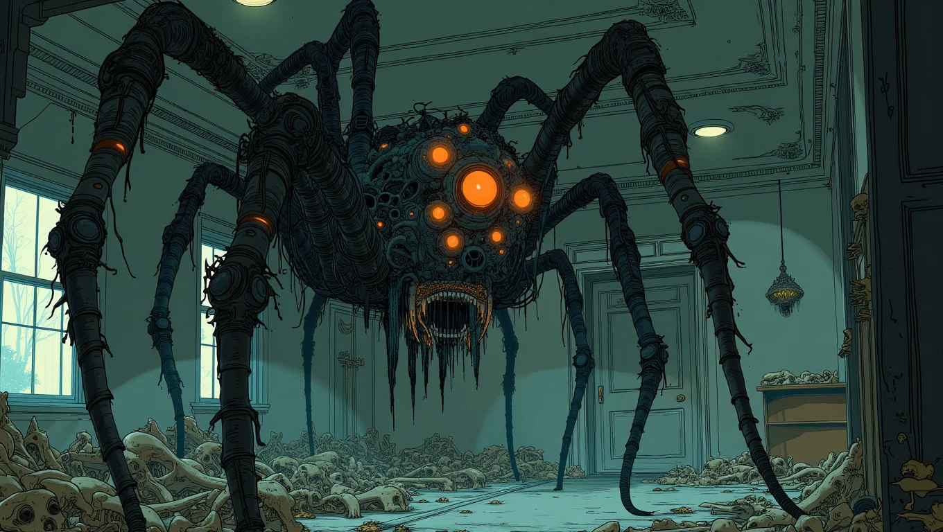 A massive, grotesque spider with hairy legs and multiple red eyes lurks in the shadows of an abandoned mansion. Its web, thick and sticky, fills the corners of the room, trapping the bones of its previous victims. The spiderâs fangs drip with venom as it watches a new intruder with predatory intent.
<lora:Blue_Future:1.0>