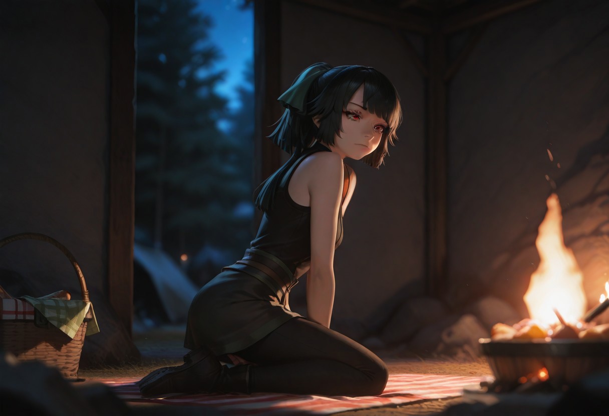 masterpiece, ultra-HD, cinematic lighting, photorealistic, impressionism (1.5), high detail, depth of field, (blurred background), (dramatic lighting),masterpiece, best quality, very aesthetic, , 8k,,masterpiece, ultra-HD, cinematic lighting, photorealistic, impressionism (1.5), high detail, depth of field, (blurred background), (dramatic lighting),masterpiece, best quality, very aesthetic,8k,masterpiece, best quality,realistic, masterpiece, best quality, 8k, , simple_background, 1girl, solo, beautiful eyes, big eyes, detailed eyes, Enchanting Eyes, perfect body, (sexy, slutty, hot) BREAK flirting:2.0, jasmine flamesworth,black hair, ponytail, long hair, hair ribbon, green ribbon, red eyes,  small breasts,sleeveless shirt, black shirt, brown belt, black pants, short boots, black boots,, lift skirt, fingering herself,resting in a camp at a halt, torch, picnic basket,picnic towel, food,night,spying by rabbits, many rabbits spy