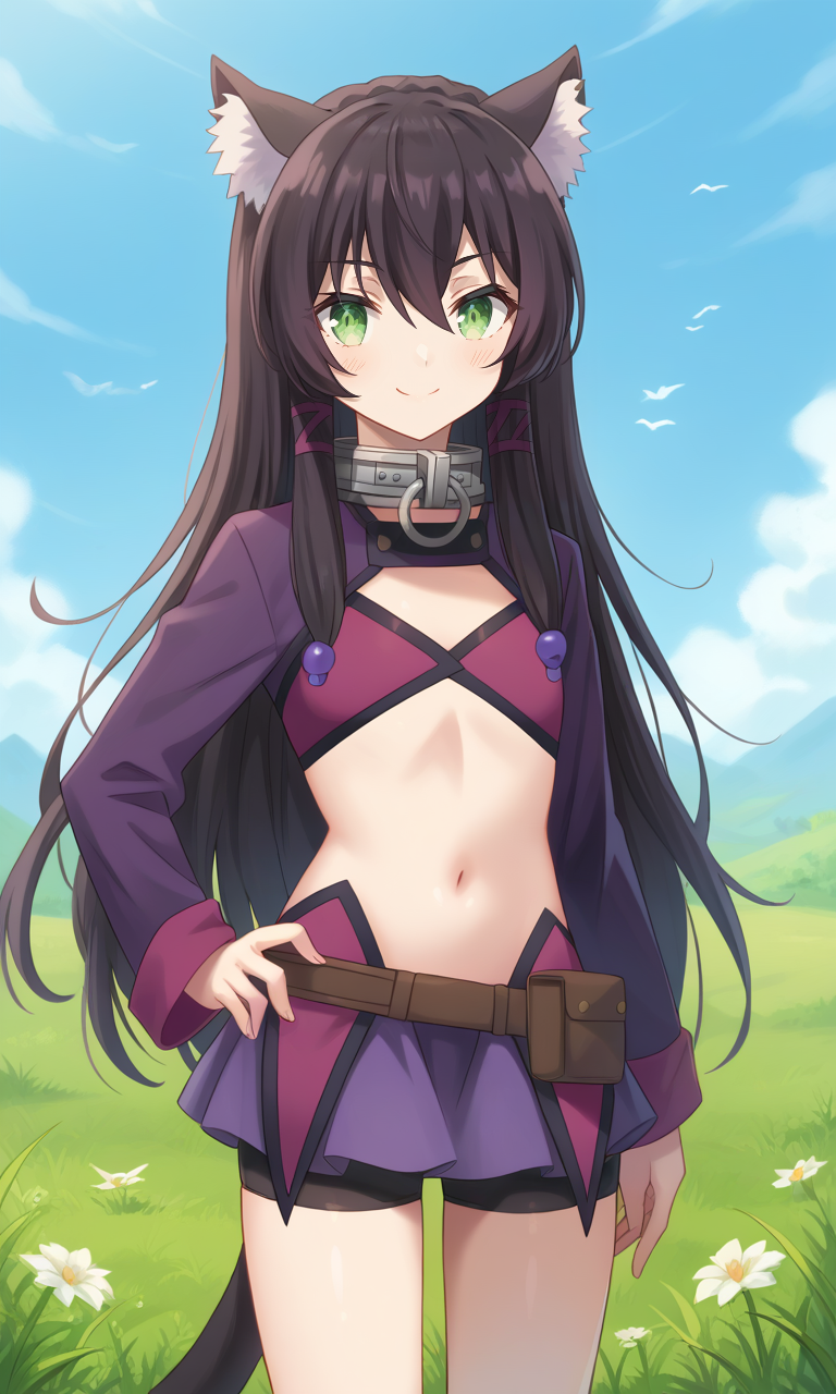 score_9, score_8_up, score_7_up, 1girl, rem_galleu, green_eyes, black_hair, very_long_hair, sidelocks, flat_chest, cat_tail, hair_ornament, metal_collar, shrug_(clothing), purple_bra, long_sleeves, miniskirt, purple_skirt, belt_pouch, bike_shorts, black_shorts, outdoors, sky, grass, looking_at_viewer, smile, hand_on_own_hip,