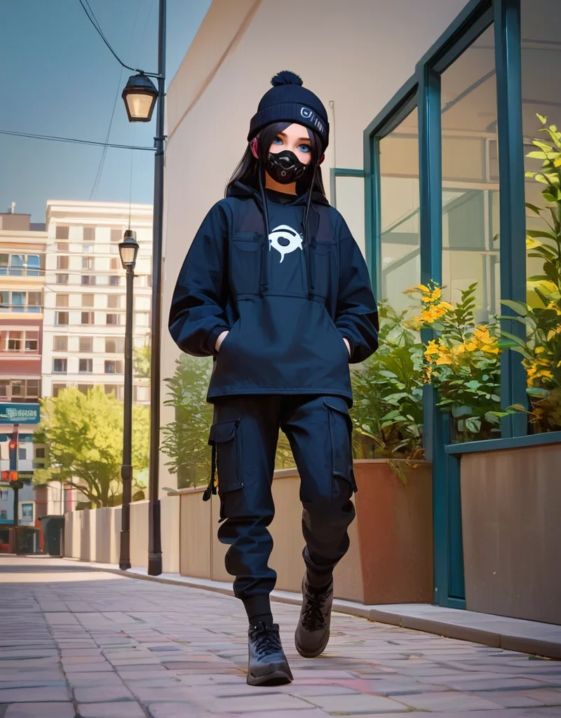 zPDXL2, <lora:TechwearV2:1>, t3chwear, 
1girl, cute face, detailed eyes, long black hair, blue eyes, black face mask, black beanie, walking on a sidewalk, headphones, hands in pockets, full body