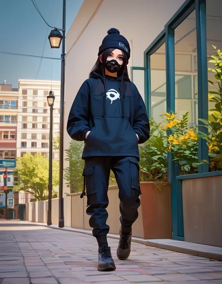 zPDXL2, <lora:TechwearV2:1>, t3chwear,
1girl, cute face, detailed eyes, long black hair, blue eyes, black face mask, black beanie, walking on a sidewalk, headphones, hands in pockets, full body