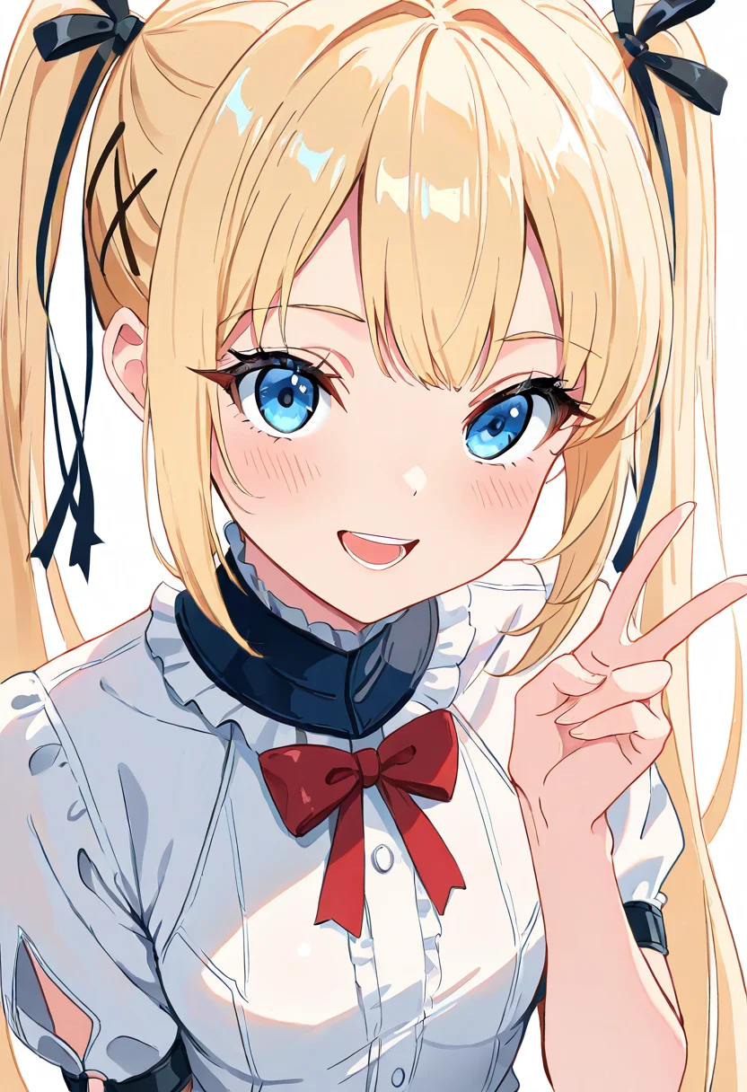 masterpiece, best quality, 1girl, solo, eyelashes, (beautiful eyes),        <lora:MarieRose_NAI:1.0>, zzMarie, blue eyes, blonde hair, hair ornament, hair ribbon, long hair, twintails, very long hair, x hair ornament,  (upper body),  white shirt, smile, teeth, :D, v,