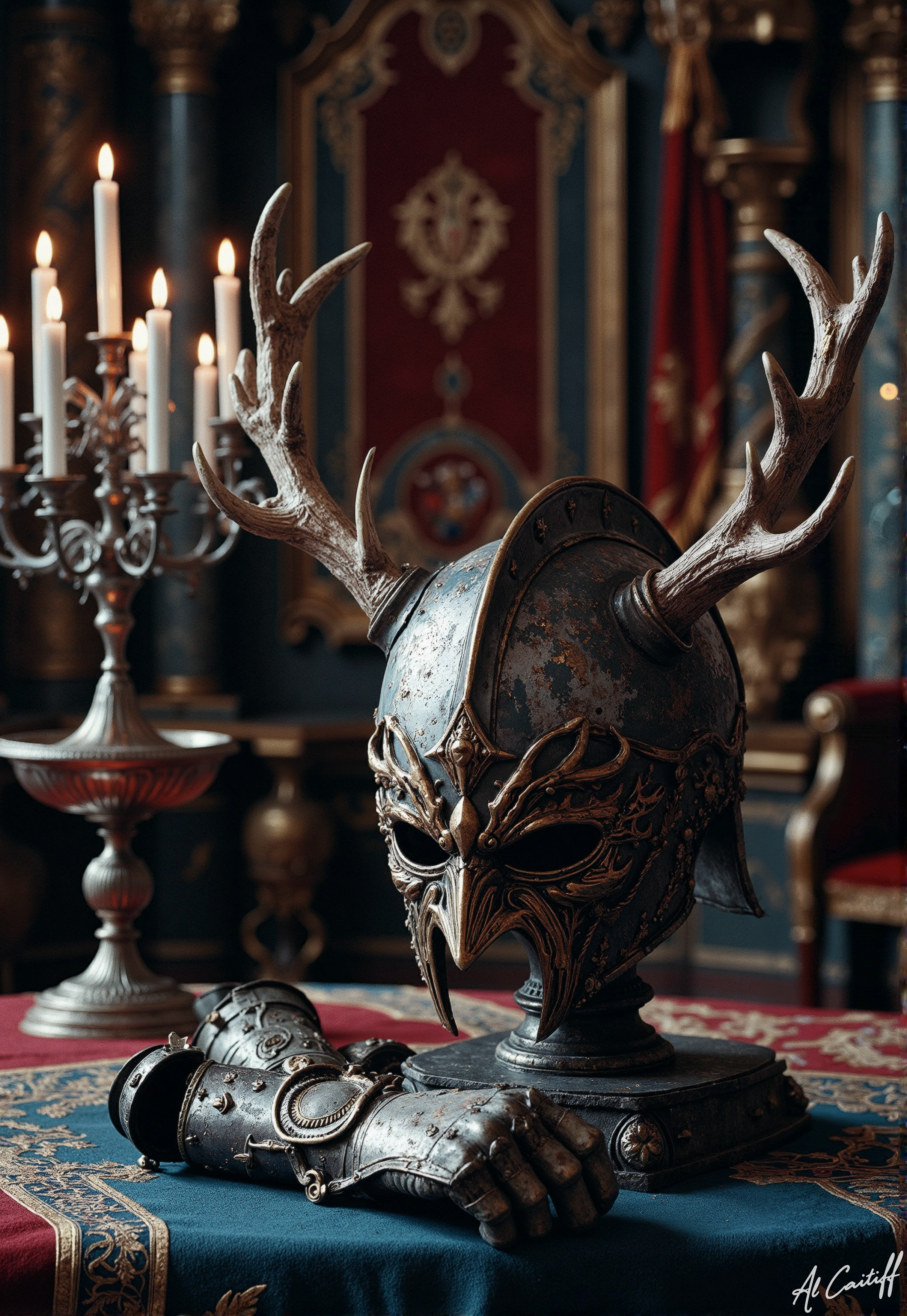 A battle-worn silver helmet. Its golden antler crest broken yet defiant, nasal guard bent from a final, fatal blow. Rests upon a pedestal like a relic of forgotten glory. Gauntlets on the floor, their steel fingers catching the flickering glow of candlelight as if trying to reignite its lost honor.