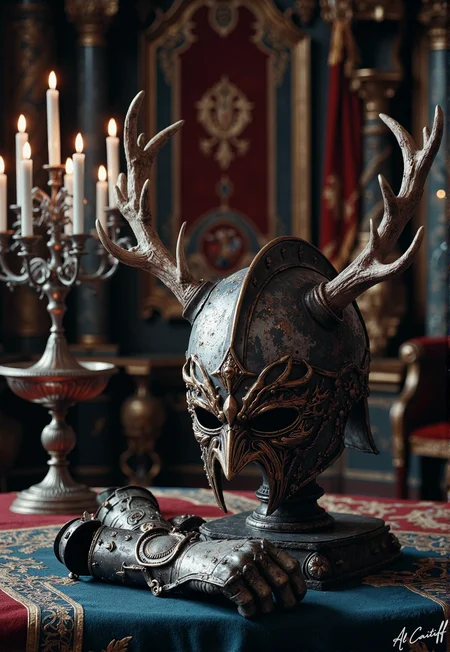 A battle-worn silver helmet. Its golden antler crest broken yet defiant, nasal guard bent from a final, fatal blow. Rests upon a pedestal like a relic of forgotten glory. Gauntlets on the floor, their steel fingers catching the flickering glow of candlelight as if trying to reignite its lost honor.