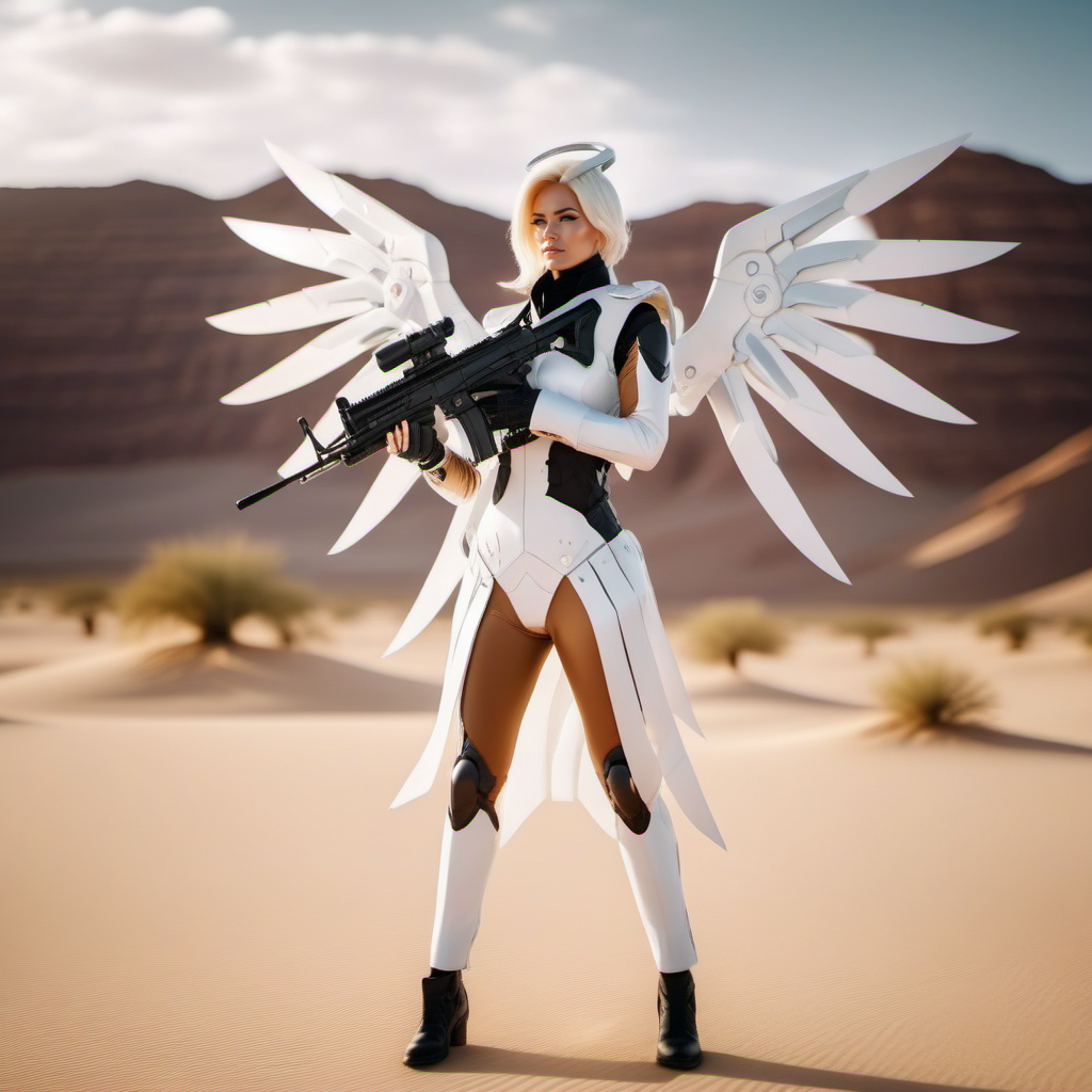 cinematic photo a woman with wings in the back in a white suit, full body holds a machinegun, desert background <lora:Angel1024:0.8> . 35mm photograph, film, bokeh, professional, 4k, highly detailed