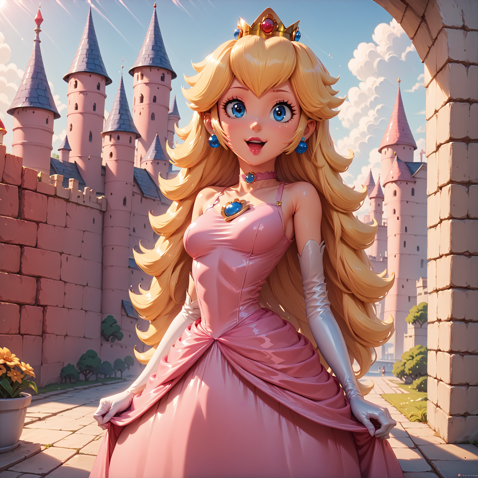 score_4,score_5,score_6,score_7_up,score_8_up,score_9 BREAK 1girl,solo,jewelry,earrings,long hair,breasts,very long hair,big hair,choker,dress,medium breasts,bare shoulders,:d,outdoors,smile,open mouth,<lora:Princess_Peach_Shiny_Style_V2:0.8>,shiny,shiny skin,princess peach,castle,