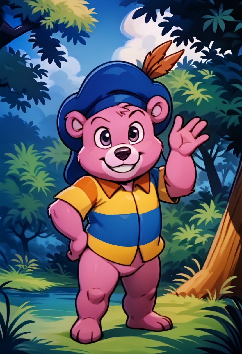 score_9, score_8_up, score_7_up, score_6_up, best quality, source_anime, (cute), solo, 1boy, male, Cubbi Gummi, Cubbi, shortstack, looking at viewer, love, cartoon bear, standing, hand on hip, bottomless, shirt, furry, featureless chest, featureless crotch, exterior, forest, smile, waving, full body, hat, blue headwear, hat feather, (red and yellow striped shirt),