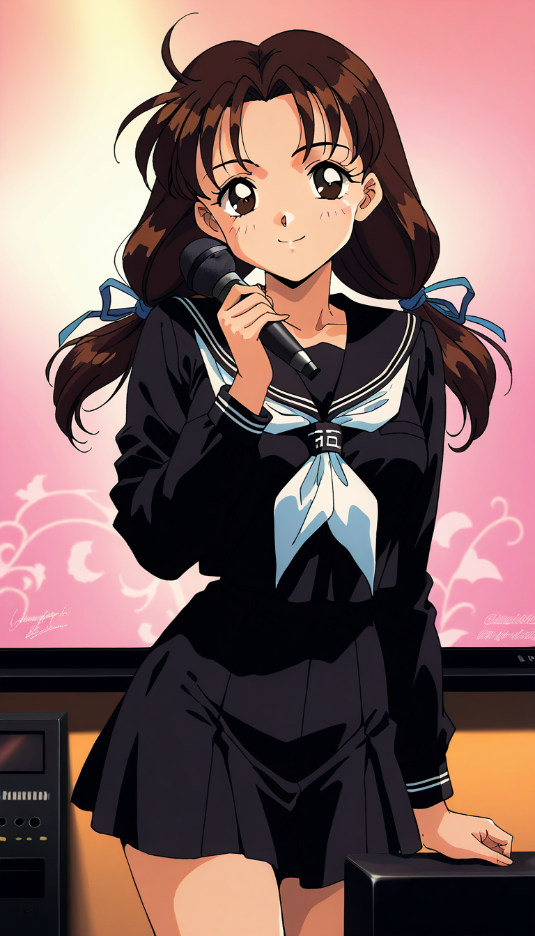 masterpiece, best quality, good quality, <lora:Minegishi_Kyouko_IS:1>  1990s \(style\),anime coloring, 
Minegishi_Kyouko, brown hair, ahoge, brown eyes, breasts, long hair, twintails, hair ribbon, blue ribbon,  
1girl, solo, school uniform, black skirt, blush, black serafuku, long sleeves, smile, 
Karaoke,  karaoke box,