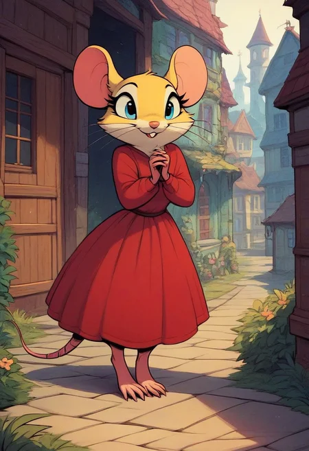 score_9, score_8_up, score_7_up, score_6_up, score_5_up, score_4_up, solo, (fluffy:0.8), (feral), furry, (((mouse))), female, claws, (fluffy cheeks:0.7), (red dress), (solo:2), (cartoon style), village, fca style, comic book, yellow fur, blue eyes,