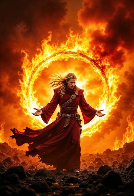 A formidable mage, garbed in flowing, ember-glowing robes, stands at the center of a desolate, scorched battlefield. The mage channels a blazing fireball, its searing flames illuminating the dark, smoke-filled air with intense, flickering light. The scene is charged with a fierce, elemental energy and a sense of impending destruction. Rendered in a Photographic style with a 135mm lens, capturing the fiery explosion's vivid details and dramatic contrasts.