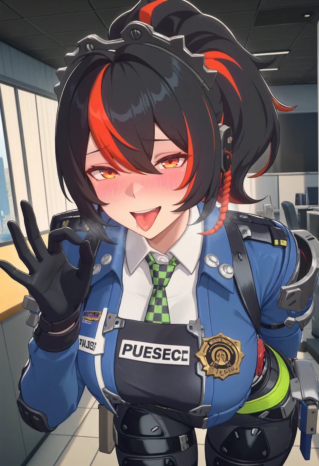 masterpiece, best quality, amazing quality, very aesthetic, absurdres, newest, scenery, volumetric lighting, perfect eyes, ultra detailed,
1girl, Zhu Yuan, solo, multicolored hair, black hair, red hair highlights, hair ornament, orange eyes, earphone,
police uniform, checkered tie, black gloves, black pants,
looking at viewer, fellatio gesture, open mouth, tongue out, drool, nervous grin, shy smile, blushing, visible breath,
office, police office background, detailed background,
<lora:Zhu_Yuan_-_Zenless_Zone_Zero_ZZZ__Illustrious:0.8>
masterpiece, best quality, amazing quality, very aesthetic, absurdres, newest, scenery, volumetric lighting, perfect eyes, ultra detailed,