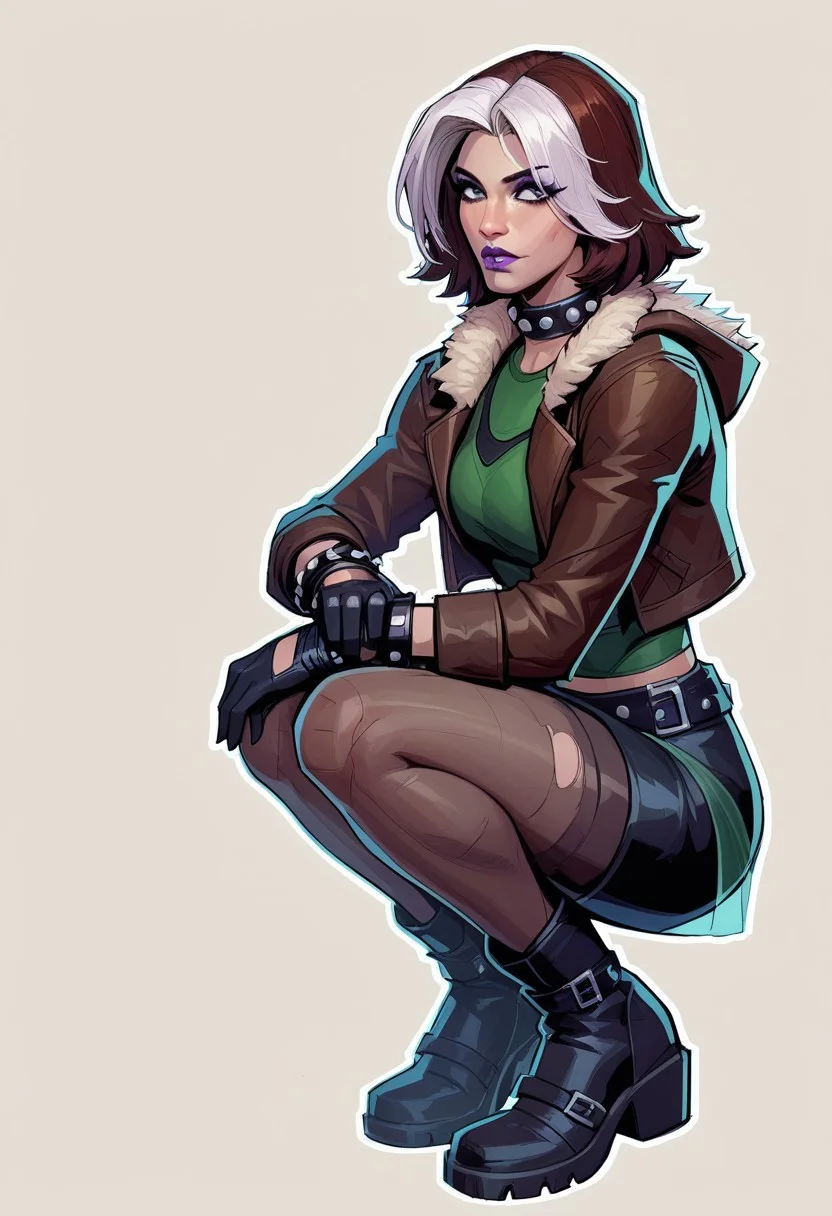 score_9, score_8_up, score_7_up, score_6_up, {Rogue, marvel}, 1girl, pale skin, lilac lips, lilac makeup, short brown hair with white bangs, EVOrogue, black sports bra, studded collar, green mesh top (covered chest), green transparent blouse, long sleeves, gray eyes, black leather skirt, black tights, big black boots, studded bracelets, leather gloves, brown bomber jacket, fur trim, hood,
casual clothes, goth outfit,
detailed face, pretty face, outline, cel-shading, sketch,
Crouching, closed legs, view from the side,