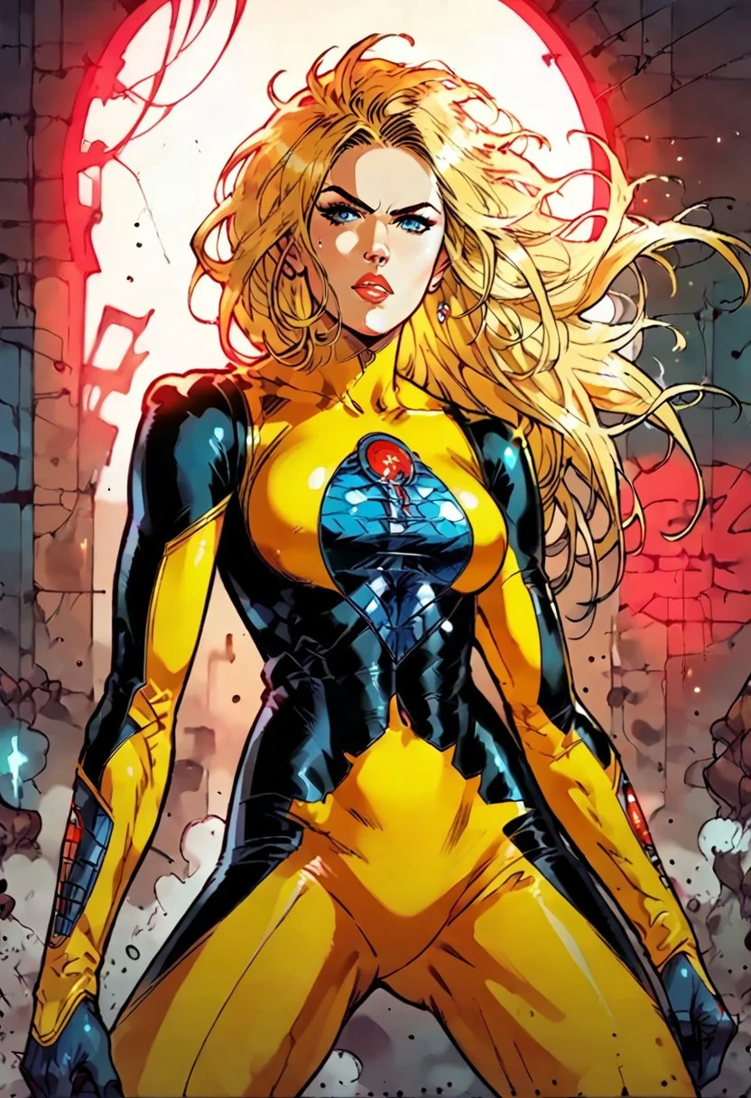 facing forward, full body, looking at viewer, long hair, blonde hair, bodysuit3, 1girl, score_9, score_8_up, score_7_up, western cartoon, neon lighting, very detailed, depth of field, cinematic illumination, volumetric lighting, full color picture, vibrant colors, solo, alone, serious expression, small bust, action pose,