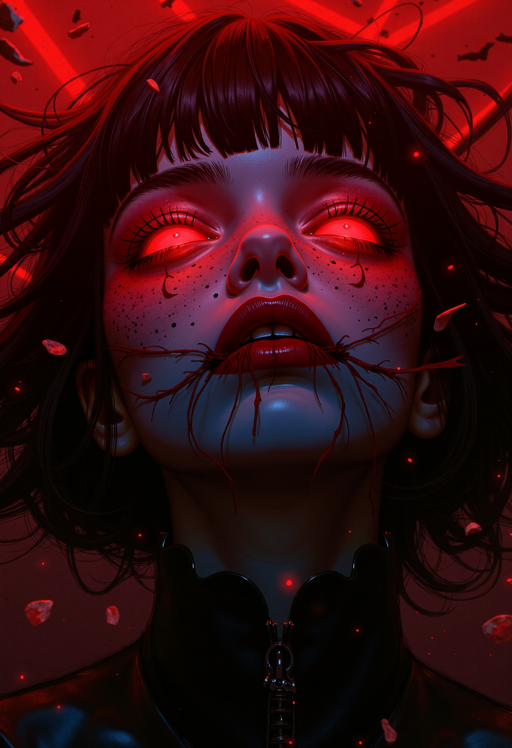 A hauntingly beautiful dark gothic fantasy concept art, extreme close-up of a female character's face, her portrait exuding eerie elegance. Backlighting casts a dramatic, atmospheric glow, illuminating swirling debris and unknown elements in the air, creating a sense of horror and mystery. The ghostly figure's mouth is stitched shut with thick, dark thread, yet her shadow screams in silent torment. Hyperdetailed, with rich red and crimson hues dominating the palette, the scene blends anime style with gothic horror, creating a striking, unforgettable image., ethdysty, atmospheric haze, GTHAN, Gothic, OBxiaoxiang,.,dark gothic fantasy, extreme close-up, face, character portrait, backlighting, atmospheric glow, horror, anime style, ghostly figure, mouth stitched shut, screaming shadow, hyperdetailed, red, crimson, female, eerie elegance, silent torment, swirling debris, dramatic lighting, gothic horror, hauntingly beautiful, unforgettable image, rich colors, detailed, striking, bold, unique, horror elements, mysterious atmosphere, high contrast, intricate details, dark threads, screaming shadow, ghostly figure, female character, anime style, gothic fantasy, hyperdetailed, red and crimson, atmospheric glow, backlighting, extreme close-up, face, character portrait,, ethdysty, atmospheric haze, GTHAN, Gothic, OBxiaoxiang,.,<lora:ethereal-dystopia01FL:0.404> ethdysty, atmospheric haze,<lora:GTHAN-F:0.414> GTHAN, Gothic,<lora:OBååå®èåç»V2.0:0.34> OBxiaoxiang,<lora:dark_fantasy_flux:0.427>