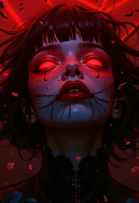 A hauntingly beautiful dark gothic fantasy concept art, extreme close-up of a female character's face, her portrait exuding eerie elegance. Backlighting casts a dramatic, atmospheric glow, illuminating swirling debris and unknown elements in the air, creating a sense of horror and mystery. The ghostly figure's mouth is stitched shut with thick, dark thread, yet her shadow screams in silent torment. Hyperdetailed, with rich red and crimson hues dominating the palette, the scene blends anime style with gothic horror, creating a striking, unforgettable image., ethdysty, atmospheric haze, GTHAN, Gothic, OBxiaoxiang,.,dark gothic fantasy, extreme close-up, face, character portrait, backlighting, atmospheric glow, horror, anime style, ghostly figure, mouth stitched shut, screaming shadow, hyperdetailed, red, crimson, female, eerie elegance, silent torment, swirling debris, dramatic lighting, gothic horror, hauntingly beautiful, unforgettable image, rich colors, detailed, striking, bold, unique, horror elements, mysterious atmosphere, high contrast, intricate details, dark threads, screaming shadow, ghostly figure, female character, anime style, gothic fantasy, hyperdetailed, red and crimson, atmospheric glow, backlighting, extreme close-up, face, character portrait,, ethdysty, atmospheric haze, GTHAN, Gothic, OBxiaoxiang,.,<lora:ethereal-dystopia01FL:0.404> ethdysty, atmospheric haze,<lora:GTHAN-F:0.414> GTHAN, Gothic,<lora:OBååå®èåç»V2.0:0.34> OBxiaoxiang,<lora:dark_fantasy_flux:0.427>