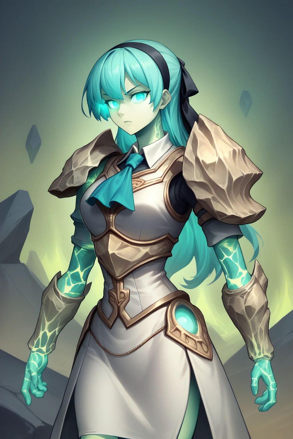 score_9, score_8_up, <lora:NSFelConstructWC3:1> NSFelConstructWC3, looking at viewer, teal eyes, standing, no humans, glowing, glowing eyes, monster made of stone, teal flames, teal glow, bones, <lora:elie-pdxl-nvwls-v1:1> zeroElie, hairband, hair ribbon, ascot, armor, pencil skirt