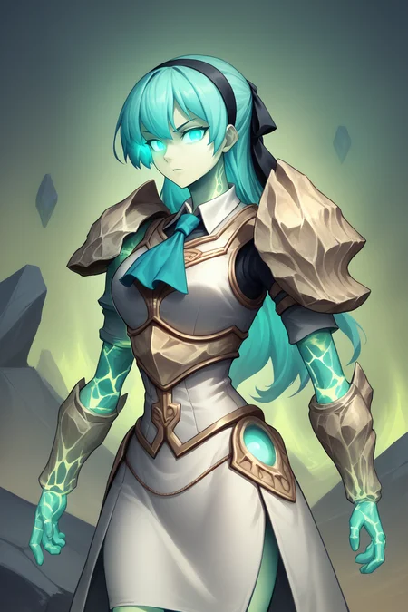 score_9, score_8_up, <lora:NSFelConstructWC3:1> NSFelConstructWC3, looking at viewer, teal eyes, standing, no humans, glowing, glowing eyes, monster made of stone, teal flames, teal glow, bones,  <lora:elie-pdxl-nvwls-v1:1> zeroElie, hairband, hair ribbon, ascot, armor, pencil skirt