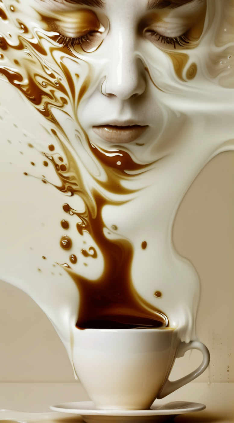 solvique close-up of a cup of coffee with a girl's head dissolving <lora:solvique:1>
