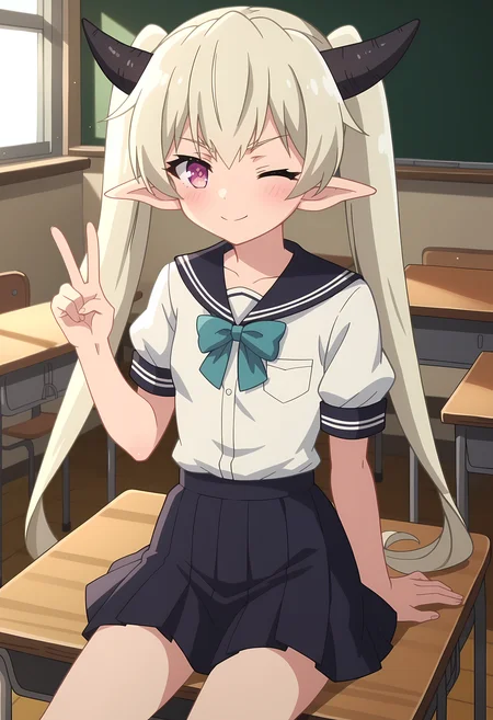 score_9, score_8_up, score_7_up, source_anime, 2d, Krebskulm, 1girl, silver hair, twintails, long hair, black horns, elf ears, pink eyes, very small breasts, black-pink skirt, anime coloring, anime screencap, detailed eyes, zPDXL, perfect faces, uncensored, rating_explicit <lora:krebskulm_0-000025:1>, blue school uniform, classroom, v, one eye closed, black skirt,