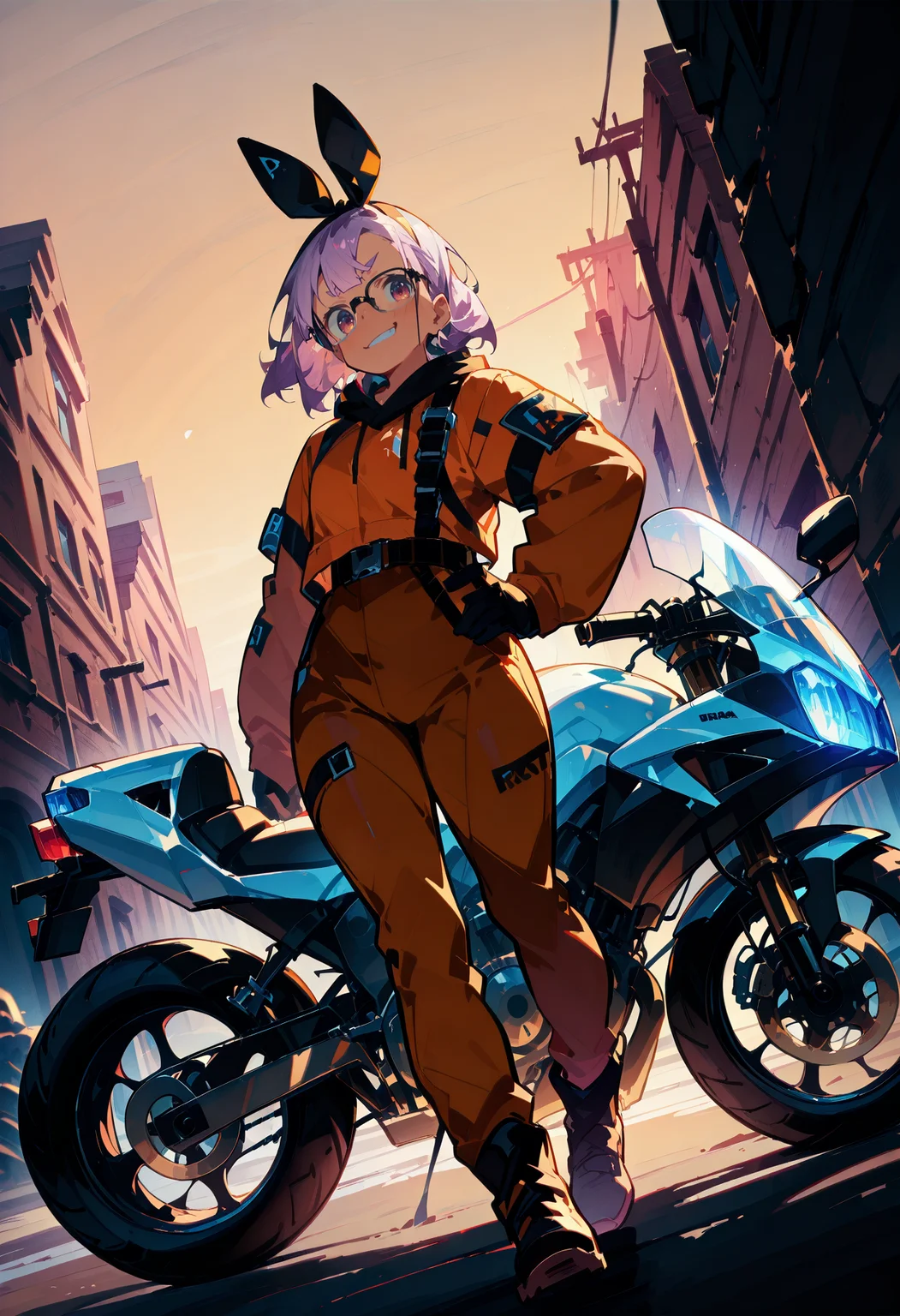 1girl, purple hair, medium hair, plump,
BREAK dutch angle, 1girl, standing, looking at viewer, hand on hip, smirk,
BREAK brown bodysuit, hairband, framed eyewear, motor vehicle, motorcycle,
BREAK safe, masterpiece, best quality, very aesthetic, absurdres, highres, newest, <lora:ponyv5_noobV065S_1_adamW:0.7>, <lora:lora:0.4>, <lora:Unstable_v1.0_f:1>