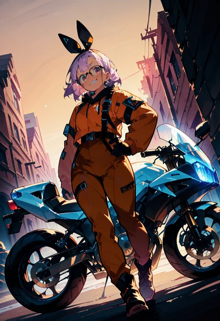1girl,   purple hair, medium hair,        plump,  
BREAK dutch angle,  1girl, standing, looking at viewer, hand on hip,   smirk,    
BREAK                brown bodysuit, hairband, framed eyewear,  motor vehicle, motorcycle,     
BREAK safe, masterpiece, best quality, very aesthetic, absurdres, highres, newest, <lora:ponyv5_noobV065S_1_adamW:0.7>, <lora:lora:0.4>, <lora:Unstable_v1.0_f:1>