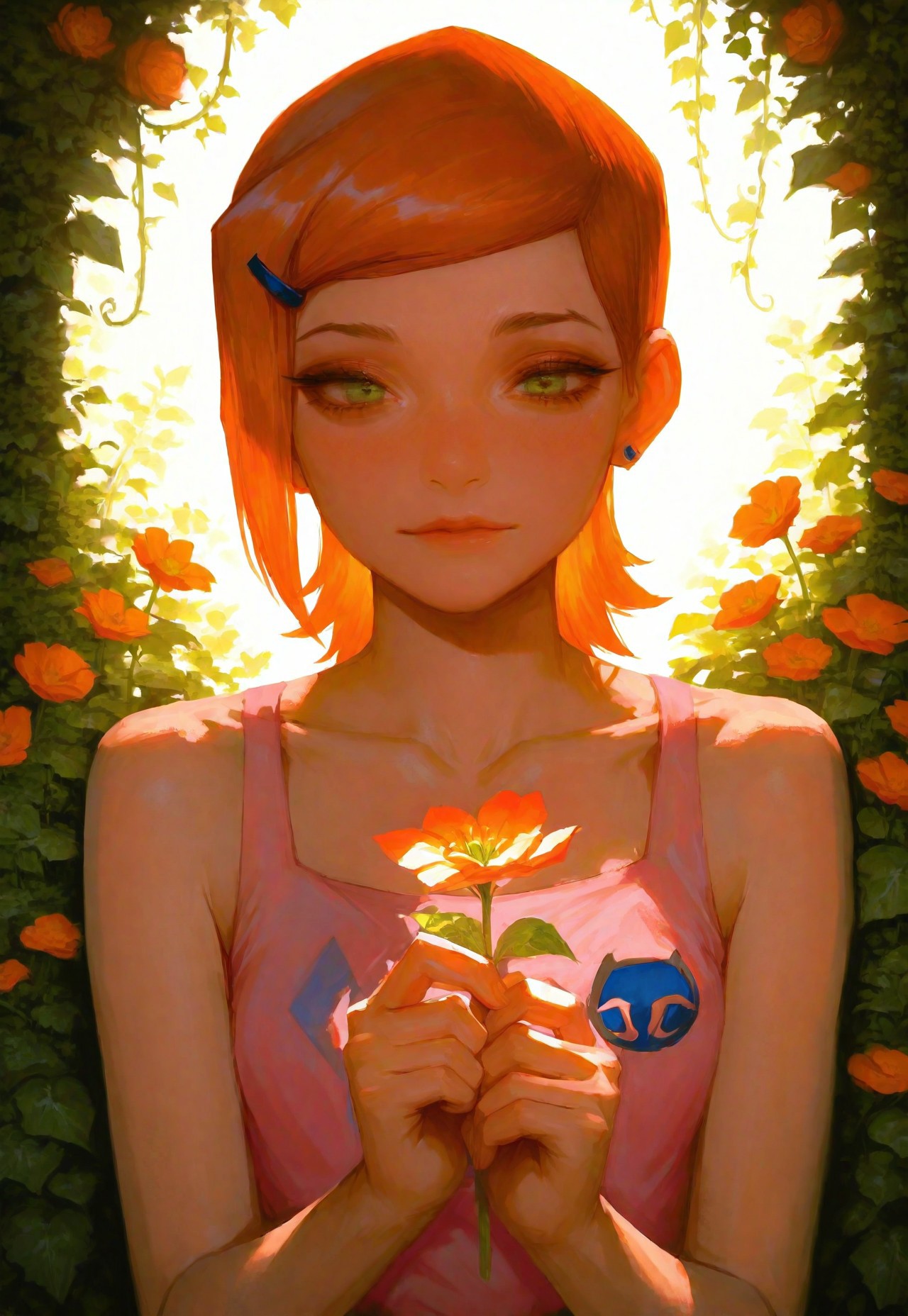masterpiece, best quality, realistic, 
1girl, gwen tennyson (/Ben10)/,(ultra HD quality details), bright orange hair, short hair, (green eyes)
 holding flowers
garden, flowers, soft lighting, vines, flowers in background, collarbone, sleeveless, pink outfit,