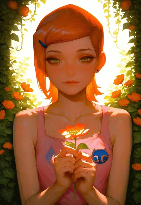 masterpiece, best quality, realistic, 
1girl, gwen tennyson (/Ben10)/,(ultra HD quality details), bright orange hair, short hair, (green eyes)
 holding flowers
garden, flowers, soft lighting, vines, flowers in background, collarbone, sleeveless, pink outfit,