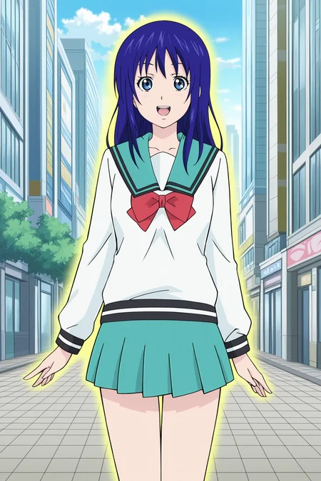 anime screencap, anime coloring, detailed face, masterpiece, best quality, absurdres, official style, amazing quality highres, amazing quality, scenery, beautiful detailed hair, beautiful detailed eyes,
 <lora:Kokomi_Teruhashi_The_Disastrous_Life_of_Saiki_K.:1>
outside, in a city,
Kokomi Teruhashi, 1girl, solo, school uniform, blue hair, skirt, golden outline around girl, blue eyes, serafuku, sailor collar, parody, smile, pleated skirt, bow, long sleeves, smile, :D, cowboy shot