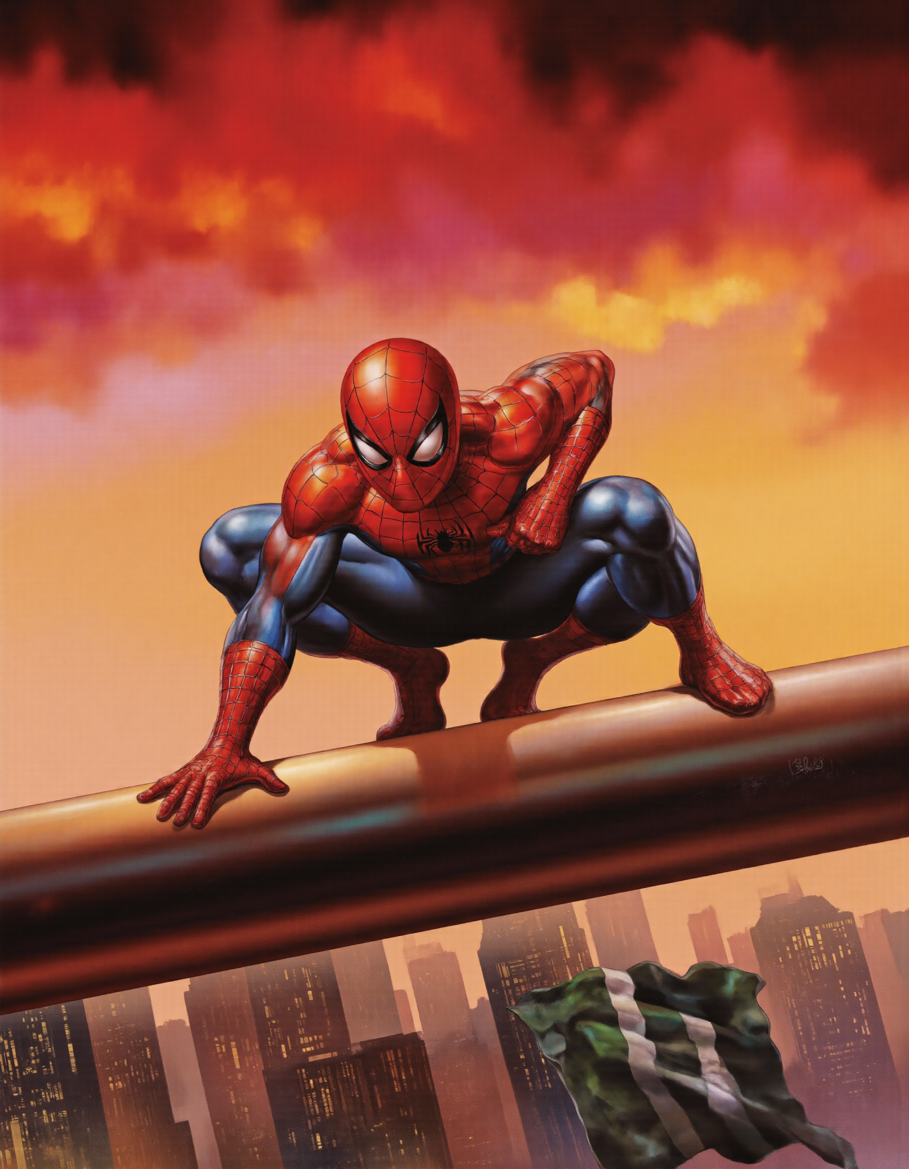 <lora:valejo:1>, This is a vibrant, digitally rendered illustration featuring Spider-Man, a superhero known for his red and blue suit with a distinctive spider emblem on his chest. The scene is set against a dramatic, sunset backdrop with a gradient of warm colors transitioning from deep reds and oranges at the top to yellows and pinks near the horizon. The sky is filled with swirling clouds, adding a dynamic and energetic feel to the image., 
Spider-Man is depicted mid-action, crouching on a horizontal beam with his right hand gripping the edge and his left arm extended, webbing ready to shoot. His suit is detailed with a glossy, shiny texture that emphasizes the muscles of his body, highlighting his strength and agility. His red mask has a web pattern, and his blue gloves and boots are visible., 
In the background, there is a cityscape with tall, illuminated buildings, suggesting a nighttime urban setting. The foreground features a green and white flag, adding a patriotic element to the composition. The illustration is signed "BOSS" in the lower right corner, indicating the artist's name. The overall style is dynamic and action-packed, capturing the essence of Spider-Man's superheroic adventures.