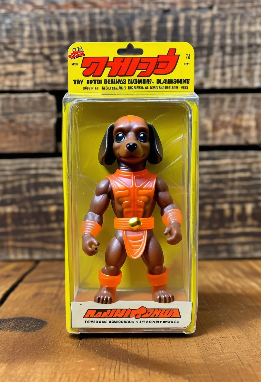 <lora:1987 Action Figure Playset Packaging:1>1987 Action Figure Playset Packaging - A product photo of a 1970s japanese toy translucent dachshund ninja figure in front of packaging