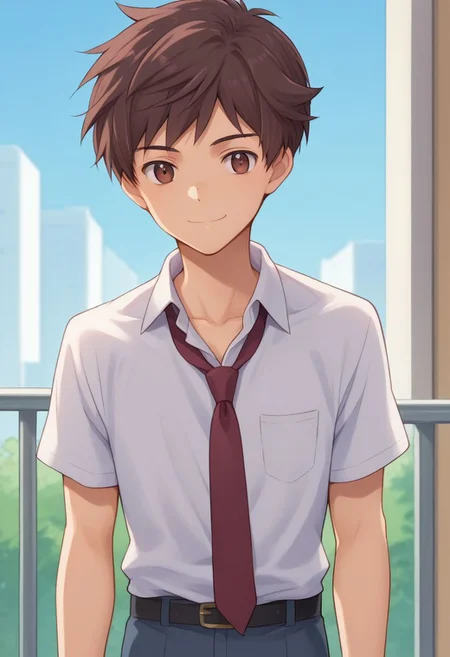 score_9, score_8_up, source_anime, highly detailed, 1boy, solo, skinny,
kazuki, 1boy, male focus, brown hair, solo, necktie, shirt, brown eyes, white shirt, collared shirt, closed mouth, red necktie, short hair, school uniform, bangs, smile,
indoor,