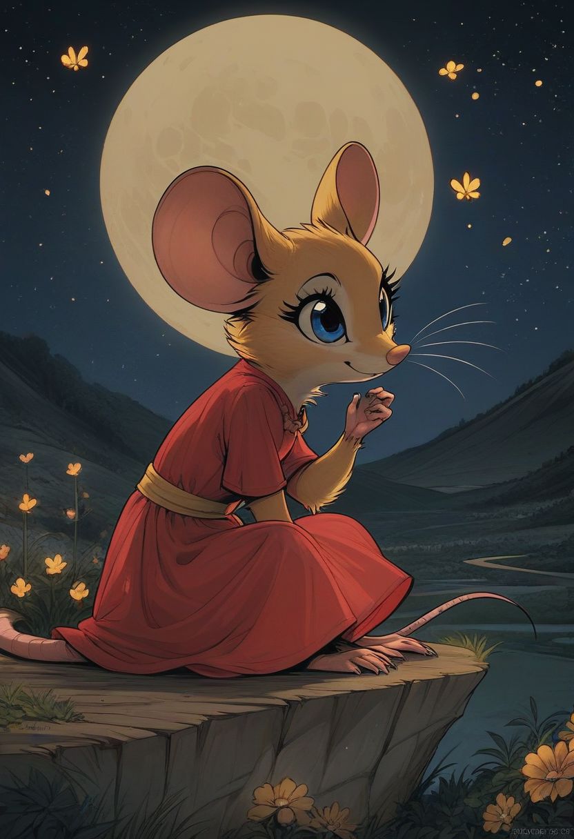 score_9, score_8_up, score_8, (solo), (solo:2), (fluffy:0.8), (feral), outdoors, furry, (((mouse))), female, blue eyes, yellow fur, yellow ears, claws, (fluffy cheeks:0.4), (red dress), cute, in the style of beatrix potter, cel-shading, fca style, hillside, (side view), sitting, (night, dark:1.5), stars, fireflies, backlit, moon, moonlight