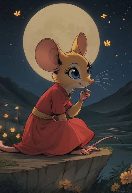 score_9, score_8_up, score_8, (solo), (solo:2), (fluffy:0.8), (feral), outdoors, furry, (((mouse))), female, blue eyes, yellow fur, yellow ears, claws, (fluffy cheeks:0.4), (red dress), cute, in the style of beatrix potter, cel-shading, fca style, hillside, (side view), sitting, (night, dark:1.5), stars, fireflies, backlit, moon, moonlight