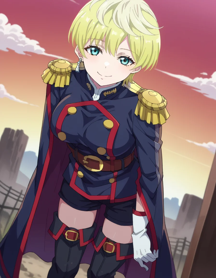 score_9, score_8_up, score_7_up, source_anime,
tenkaizumo, <lora:tenka-izumo-s1-ponyxl-lora-nochekaiser:1>
tenka izumo, short hair, blue eyes, blonde hair,
thighhighs, gloves, jewelry, earrings, boots, shorts, belt, uniform, military, military uniform, thigh boots, epaulettes,
outdoors, wasteland, bent over, smile,
looking at viewer, cowboy shot, dutch angle, solo,