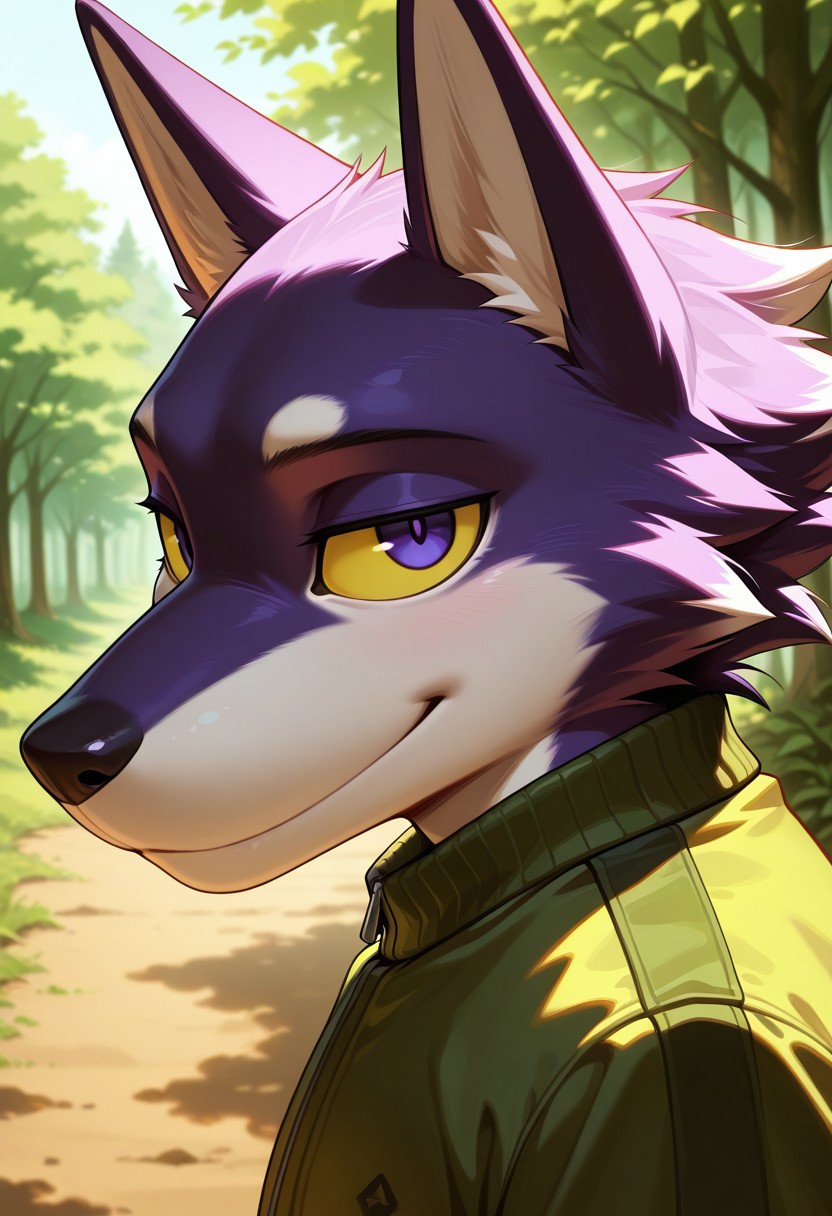 masterpiece,best quality, amazing quality, 1boy, solo, l0b0, furry male, 1boy, solo, manly, purple fur, purple pupils, yellow sclera, green jacket, two-tone fur, white fur, looking at viewer, close up, side angle, outdoor, woods, little smile