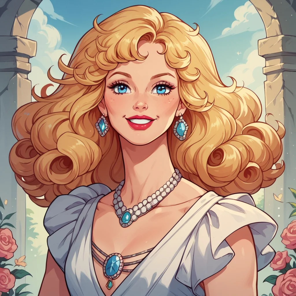 score_9, score_8_up, score_7_up, score_6_up, score_5_up, score_4_up, hud_millirob, 1girl, blonde curly hair, blue eyes, solo, dress, jewelry, retro artstyle,  lipstick, smile, <lora:hud_millirob:0.8>