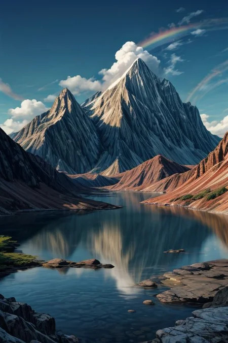 Landscape, water, rainbow, mountainous, ultra-detailed, HQ