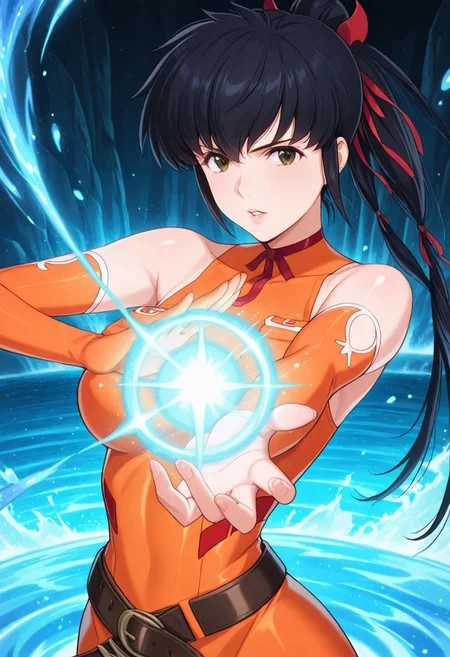 masterpiece,best quality, highres, shiny skin,
lisa_pacifist, black hair, 1girl, solo, ponytail, twintails, long hair, breasts, black hair, brown eyes, parted lips, detached sleeves, bare shoulders, ribbon, belt, hair ribbon, elbow gloves, dress, sleeveless, orange shirt, boots, look at viewer,hand reach toward viewer, casting magic, fighting stance, energy flow, water, close up, upper body , cinematic,