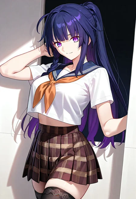 ((masterpiece, best quality, amazing quality, very aesthetic, absurdres)),
Takeuchi takashi, ((solo)), ((better eyes)), peaceful, smile, closed mouth, 1girl, (large breasts, thin waist, wide hips), (((raiden_mei_honkai_impact_3rd))), (((black hair, purple tinted hair, purple eyes))), ((long hair, bangs, side_braid, ponytail)), (((white top, orange neckerchief, short sleeves, pleated skirt, plaid skirt, brown skirt, black stockings))), no background, dark background, sideshot, cowboy shot, dark background, portrait, looking at viewer