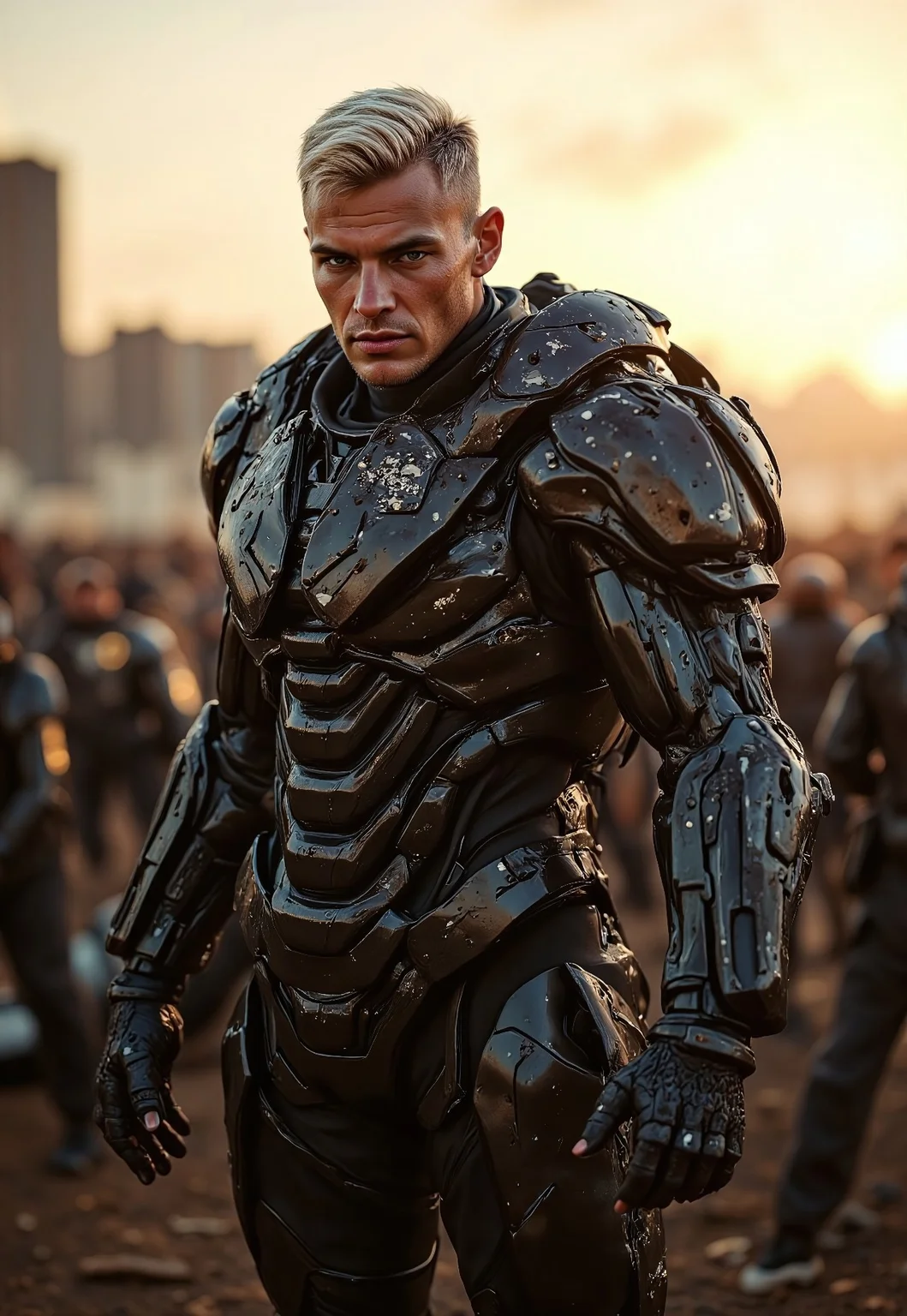perfection style, A futuristic battlefield reveals a captivating scene. YoungMoxie, a grizzled cyborg, stands amidst the chaos with his face clearly lit, his exosuit, now worn with battle damage, reflecting the setting sun's rays. The exosuit, a masterpiece of gothic design, enhances his muscular frame, its bulkiness conveying strength and resilience. YoungMoxie's presence, a fusion of human and machine, exudes determination and a sense of duty. This cinematic film still, with its retro arcade style, captures a moment of intense action, where his cybernetic enhancements and battle-worn armor leave viewers enthralled by the fusion of technology and warfare in this dystopian, futuristic world,
