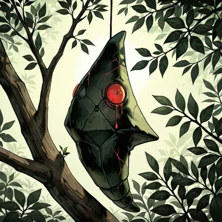 masterpiece, best quality, cracking metapod, hanging on branch, threads, dark night, leaf, dark circles, Nightmare