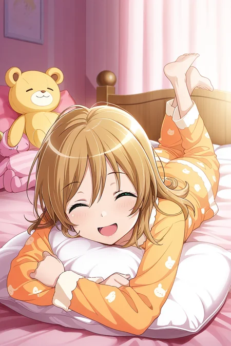 masterpiece, best quality, amazing quality,
 <lora:Nana_IL:1> nana, 1girl, green eyes, blonde hair, closed eyes, brown hair, lying, smile, on stomach, open mouth, solo, barefoot, pillow, stuffed toy, pajamas, indoors, on bed, stuffed animal