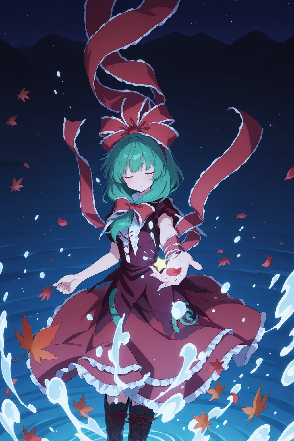 absurdres, highres, masterpiece, best quality, amazing quality, official anime artwork, screencap, anime screencap, outdoors, night, star, starry sky, petals, leaf, water, light particles,
<lora:Hina-Kagiyama_Illustrious:1> kagiyama hina, 1girl, solo, closed eyes, green hair, long hair, front ponytail,, hair ribbon, red ribbon, lace trim, red dress, short sleeves, frilled skirt, black boots, floating hair,